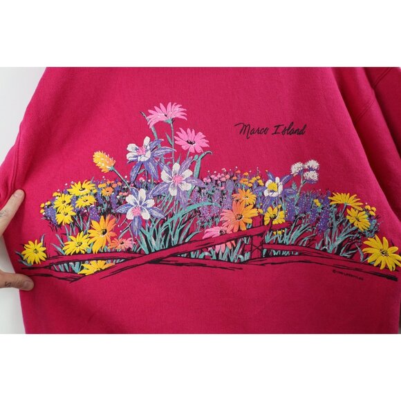 Vintage 90s Streetwear Womens Large Marco Island Flower Collared Sweatshirt USA - Picture 4 of 16